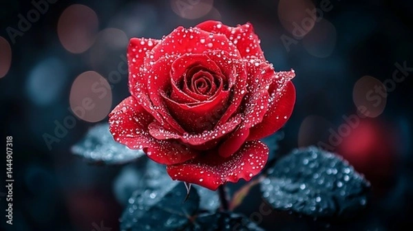Fototapeta Close-up of a vibrant red rose with water droplets