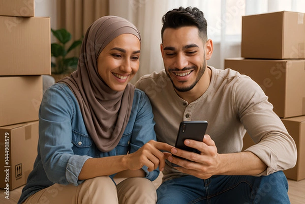 Fototapeta ultra high resolution quality image and ultra detailed and clear and sharp image New Beginnings: Middle Eastern Couple Using a Phone After Moving