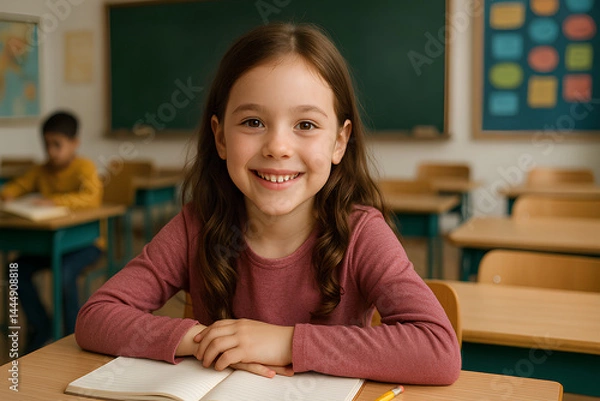 Obraz ultra high resolution quality image and ultra detailed and clear and sharp image "Bright Minds: A Portrait of a Smiling Schoolgirl at Her Desk"