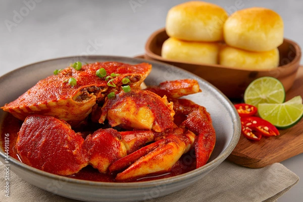 Fototapeta Plump crab pieces wok-tossed in a glossy sweet-spicy tomato–chili sauce infused with garlic, ginger, and fragrant aromatics, served alongside soft steamed mantou buns and lime wedges