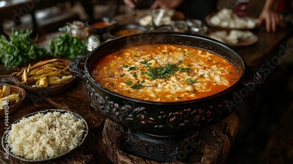 Fototapeta Traditional Homemade Stew Served in Decorative Pot on Rustic Table