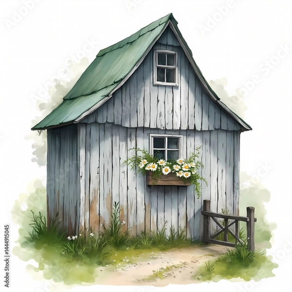 Fototapeta Cozy rustic cottage with green roof and flower box in idyllic countryside setting.