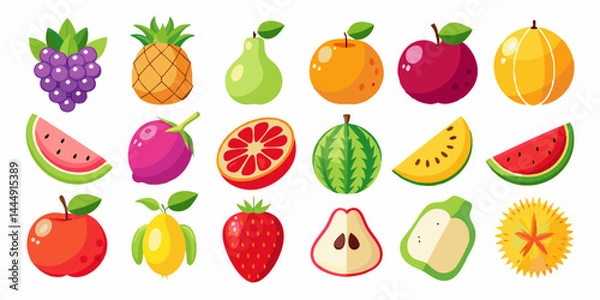 Fototapeta Collection of colorful fruit icons including apple, banana, strawberry, orange, grape, watermelon, pineapple and cherry etc