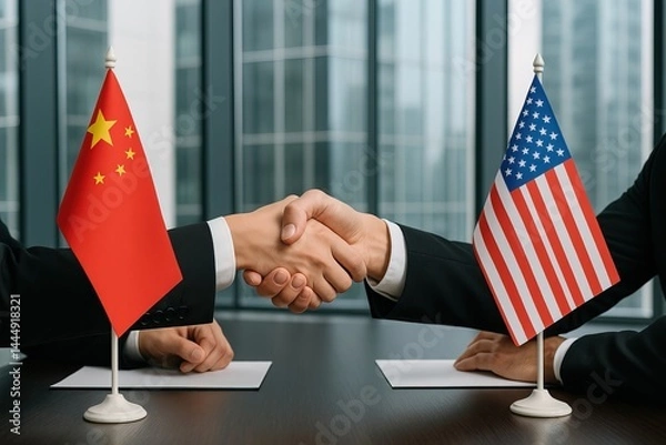 Obraz Diplomats shaking hands negotiating during a meeting at a table in a meeting room. Focus on the flags of the USA and China.
