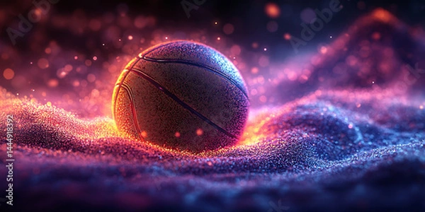 Fototapeta  Basketball on the floor. Modern Basketball Arena with Rings with Spotlights, Creative Idea. Tournament and Win. Basketball game with full hall of fans on background. Basketball Championship