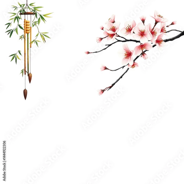 Obraz beautiful wind chime made of bamboo and branch of cherry blossoms create serene atmosphere, perfect for relaxation and tranquility