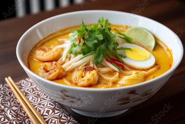 Fototapeta Classic Singapore Laksa with Prawns, Egg, and Coconut Curry Broth