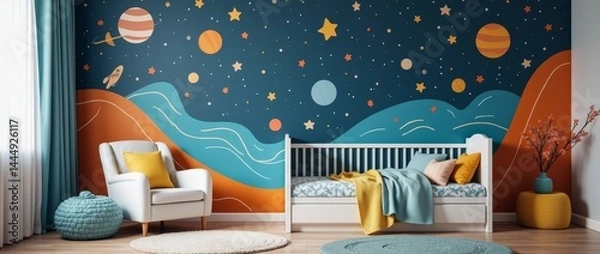 Obraz Space theme. Creative and bright eco design of a children's room. Bright fantasy wallpaper on the wall of baby room.