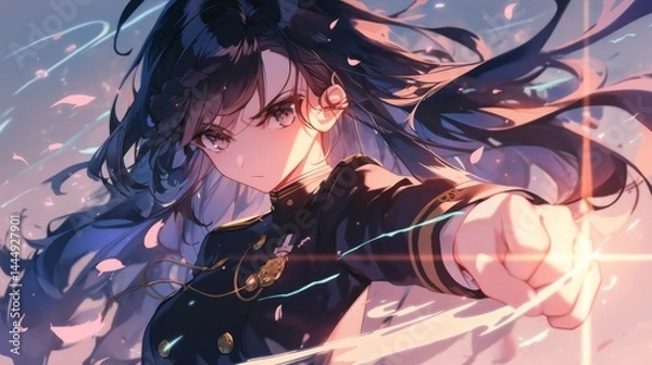 Fototapeta 躍動感あふれる白髪の美少女キャラクター・アニメスタイルのファンタジーイラスト