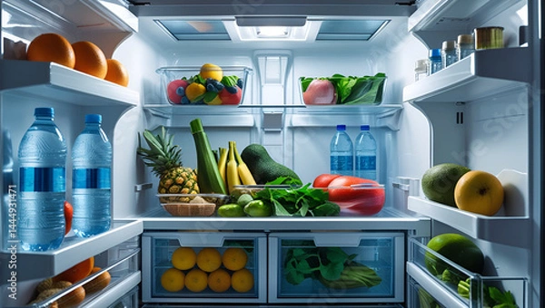 Fototapeta Inside a well-organized refrigerator, neatly arranged fresh fruits and vegetables, clear containers, bottles of water, clean shelves, bright interior lighting, realistic and tidy, cool tones