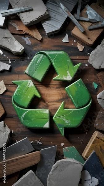 Fototapeta Recycle icon on dark wood with scattered concrete rubble and textured grain