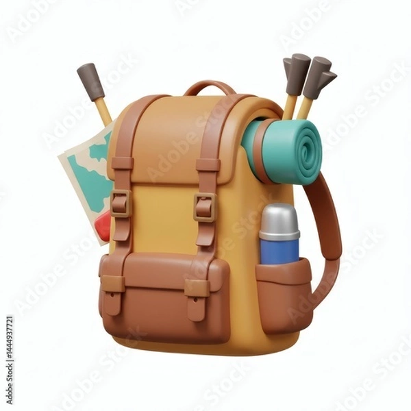 Obraz Hiking Backpack, 3d rendering isolated on white background. Cartoon plastic style icon