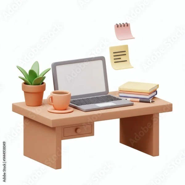 Fototapeta Office Table, 3d rendering isolated on white background. Cartoon plastic style icon