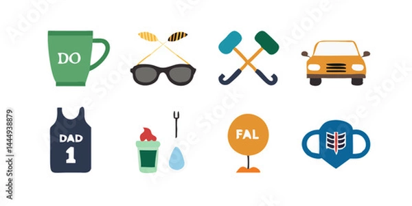Fototapeta Set of Father's Day-themed icons including necktie, toolbox, mustache, grill, trophy, Dad mug, wristwatch, and fishing rod
