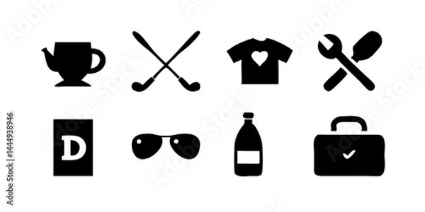Fototapeta Conjunto de íconos con temática del Día del Padre que incluye corbata, caja de herramientas, bigote, parrilla, trofeo, taza de papá, reloj de pulsera y caña de pescar para uso digital e impreso.