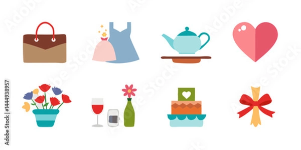 Fototapeta Set of Mother's Day icons featuring bouquet of flowers, heart, gift box, perfume bottle, pearl necklace, and high heels for celebration, greeting cards, and festive design
