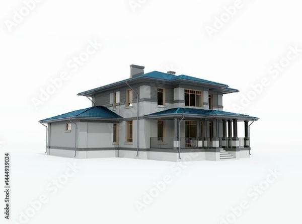 Fototapeta Architecture 3d rendering illustration of modern house on white background with shadow