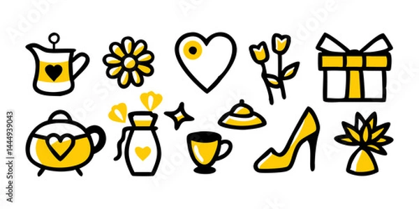 Fototapeta Conjunto de íconos del Día de la Madre con ramo de flores, corazón, caja de regalo, frasco de perfume, collar de perlas y tacones altos para celebración, tarjetas de felicitación y diseño festivo.