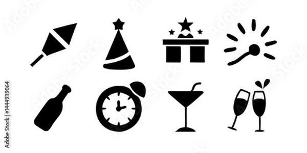 Fototapeta New Year icon set featuring fireworks, champagne, confetti, clock, party hat, noisemaker, and celebration symbols for a festive New Year's party