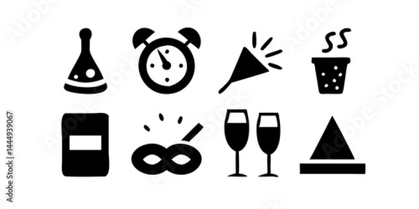 Fototapeta New Year icon set featuring fireworks, champagne, confetti, clock, party hat, noisemaker, and celebration symbols for a festive New Year's party
