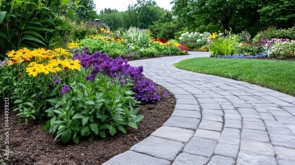 Fototapeta A winding pathway is paved with gray bricks and bordered by vibrant flowers and lush green grass. Colorful blooms in yellow, purple, and orange shades create a beautiful summer scene.