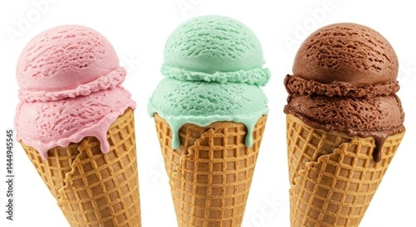 Fototapeta Three ice cream cones with different flavors