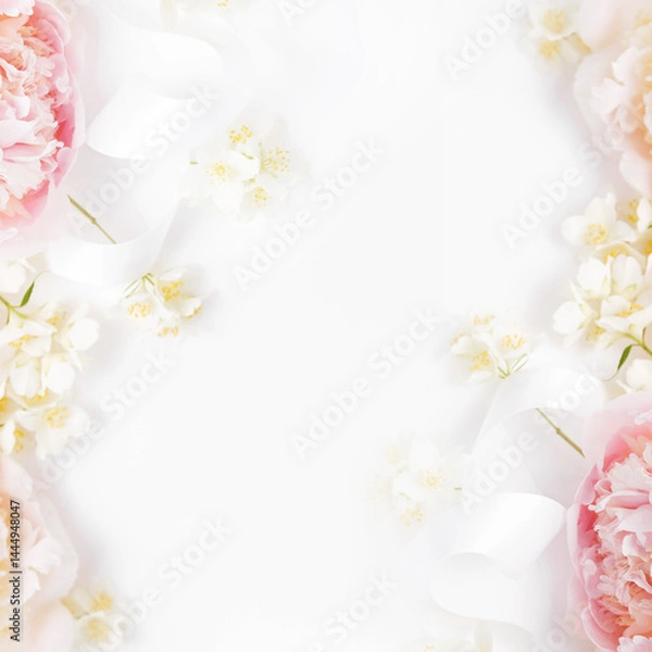 Fototapeta Square floral frame with pink peonies, jasmine flowers, silk ribbon on white background, blank background, wedding stationery, spa branding, packaging design, greeting cards, cosmetic product mockup