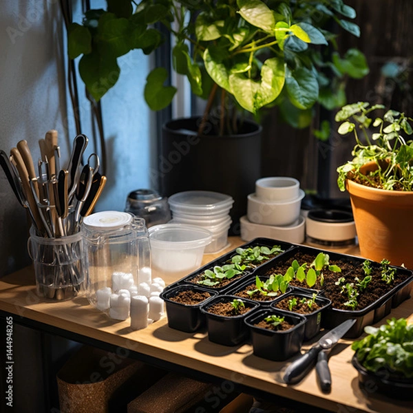 Fototapeta Planting new beginnings indoor gardening setup for beginners home photography cozy environment close-up view