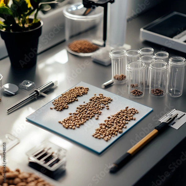 Fototapeta Analyzing coffee bean varieties in a modern workspace lab environment close-up view focus on quality assessment