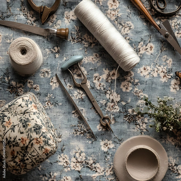 Fototapeta Sewing tools and materials home workspace still life photography cozy atmosphere overhead view creative crafting