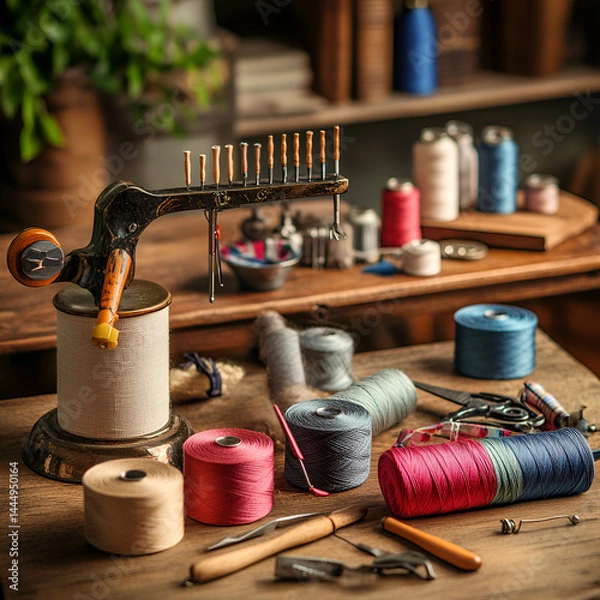 Fototapeta Creative sewing action with colorful threads and tools in a cozy workshop environment captured from above