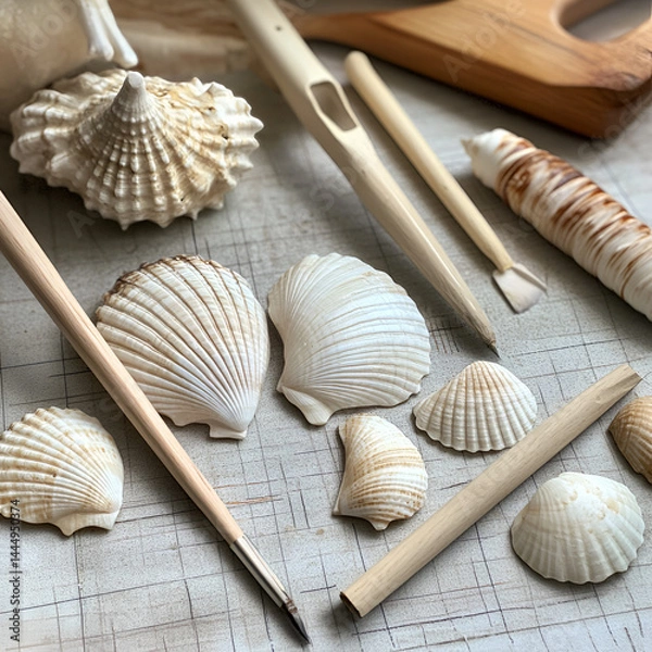 Fototapeta Creating shell art pieces coastal workshop crafting techniques natural materials close-up view artistic inspiration