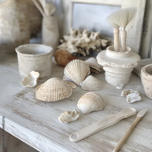 Fototapeta Artistic shell collection displayed on rustic tabletop coastal decor still life natural environment close-up perspective