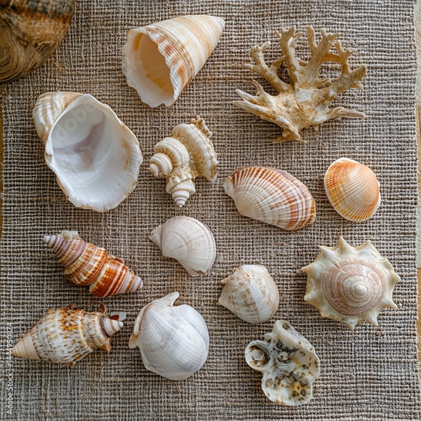Fototapeta Exploring marine treasures shell collection on natural fabric background still life coastal vibes