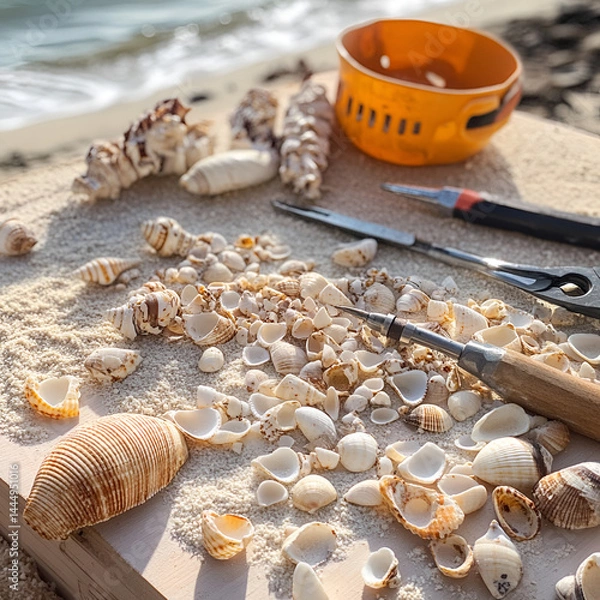 Fototapeta Beach shell collecting action coastal shoreline photography content natural environment close-up view relaxation concept