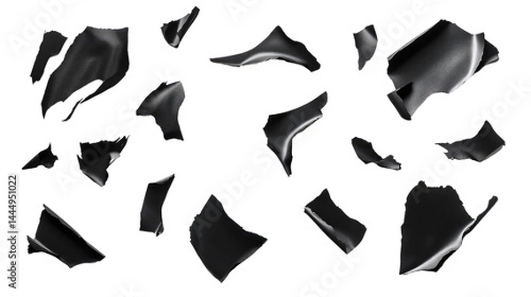Fototapeta Abstract Composition of Floating Shiny Black Fabric Pieces Isolated on a Transparent Background Representing Movement and Elegance in Design Concepts