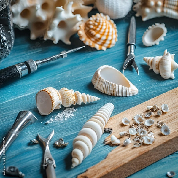 Fototapeta Crafting unique shell art designs using natural seashore shells home studio photography creative environment top-down view