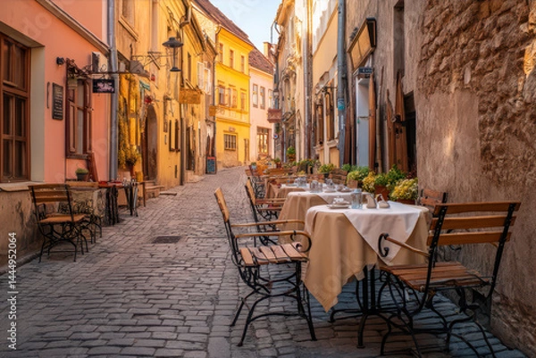 Fototapeta Charming Outdoor Cafe Nestled on a Quaint Cobblestone Street Bathed in Golden Afternoon Sunlight Generative AI