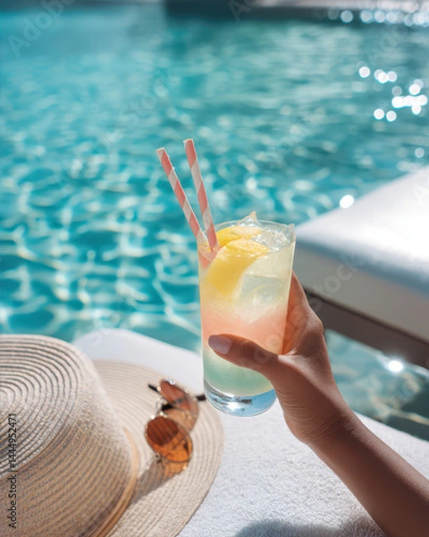 Fototapeta Enjoying a Refreshing and Colorful Summer Drink by the Shimmering Poolside in a Sunny Tropical Paradise Generative AI