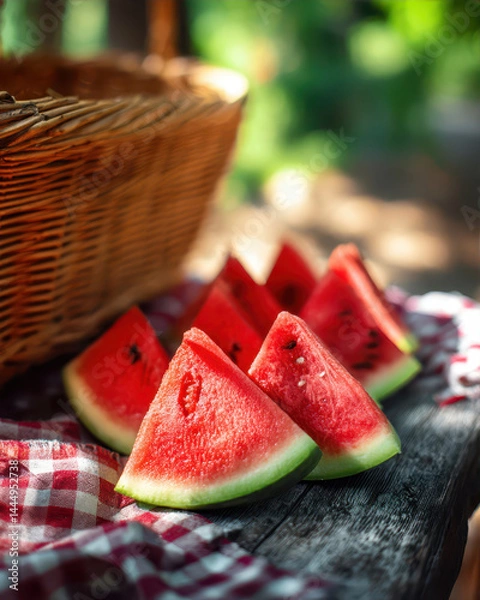 Fototapeta Colorful Watermelon Slices Freshly Cut and Beautifully Arranged on a Rustic Table Celebrating the Joys of Summer Generative AI