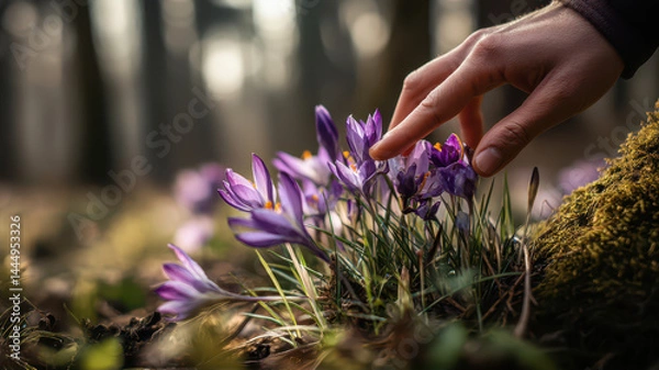 Fototapeta Gentle Touch of a Hand Caressing Vibrant Crocuses Springing up Amidst a Serene Forest Landscape Generative AI