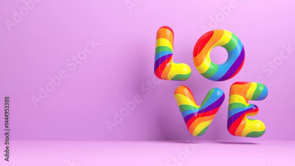 Fototapeta Happy Pride flyer background template featuring the word "LOVE" in rainbow colors on a purple wall with copy space to celebrate LGBTQIA+ Pride Month and love diversity in 3D illustration