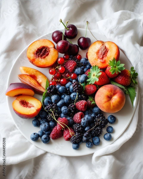Fototapeta Delight in a Vibrant Plate of Fresh Summer Fruits Featuring Juicy Peaches and a Medley of Colorful Berries on a Soft White Backdrop Generative AI