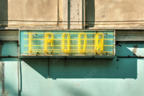 Fototapeta Retro Neon Sign Illuminates Pastel Urban Wall, Capturing the Charm of Bygone Eras in a Vibrant City Setting Generative AI