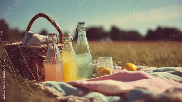 Fototapeta Picnic Delights Under the Sun With Pastel Blankets and Refreshing Drinks in a Serene Summer Landscape Generative AI