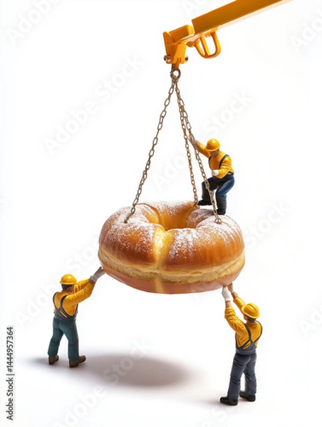 Fototapeta mini construction worker figurines hoisting a giant cream bun donut with a pulley chain.