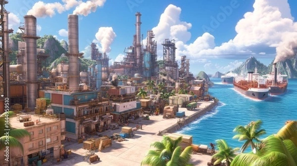 Fototapeta The crude oil supply chain is represented in detail, with a focus on efficient extraction, advanced refining, logistics, integrated distribution networks, and strategic resource management to