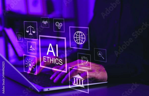 Obraz AI Ethics and Governance in Artificial Intelligence. A person working on laptop with icons representing ethics, law, and governance in AI, importance of responsible AI usage, ethical decision-making,