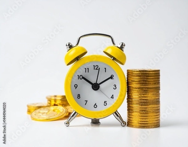 Fototapeta Yellow alarm clock with gold coin stacks on light background symbolizing time is money concept in business and financial planning strategy.