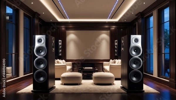 Obraz High-quality audio speaker setup in modern home entertainment room with ambient lighting